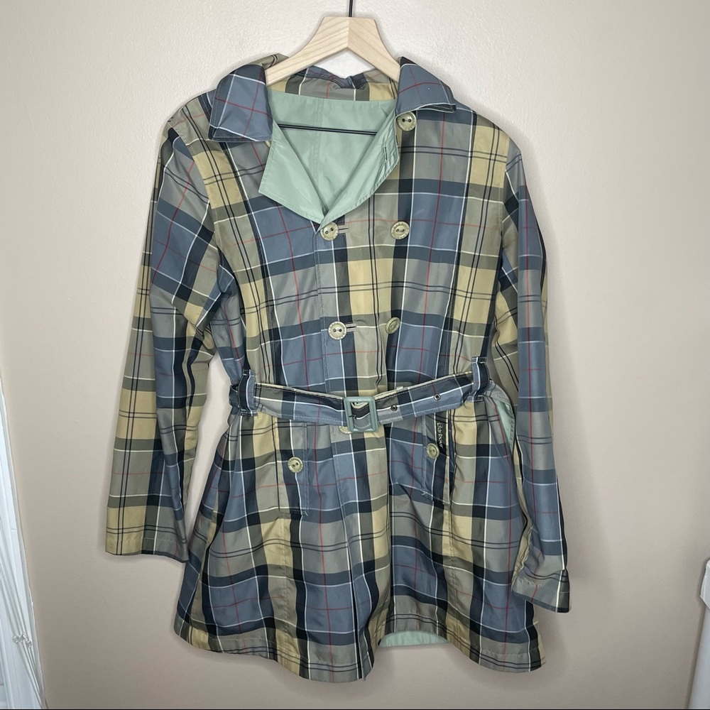 Barbour Reversible Cedar Trench Coat Waterproof Plaid & Green Breathable Size 10